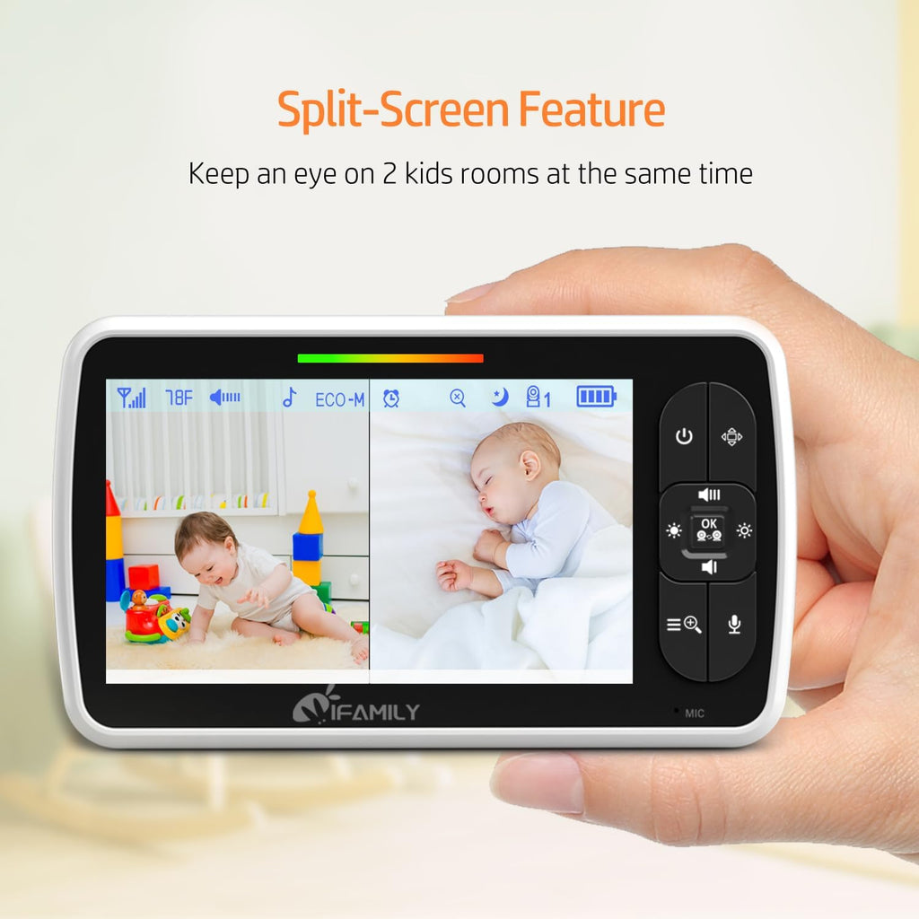 iFamily Split Screen Baby Monitor, Large Display Video Baby Monitor with 2 Cameras and Audio, Long Range, Remote pan tilt, Night Vision, Temperature Sensor, 2 Way Talk, Feeding Clock and lullabies.