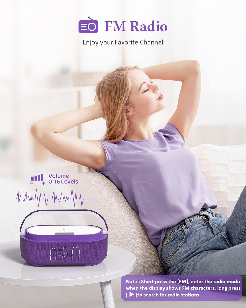 COLSUR Bluetooth Speaker Alarm Clock with Wireless Charger, FM Radio, Adjustable LED Night Light, 6 in 1 Bedroom Portable Speaker 2500mAh, Phone Stand for Bedside, Home, Office, Gift (Purple)