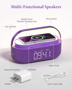 COLSUR Bluetooth Speaker Alarm Clock with Wireless Charger, FM Radio, Adjustable LED Night Light, 6 in 1 Bedroom Portable Speaker 2500mAh, Phone Stand for Bedside, Home, Office, Gift (Purple)