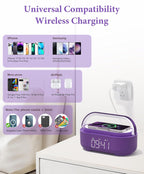 COLSUR Bluetooth Speaker Alarm Clock with Wireless Charger, FM Radio, Adjustable LED Night Light, 6 in 1 Bedroom Portable Speaker 2500mAh, Phone Stand for Bedside, Home, Office, Gift (Purple)