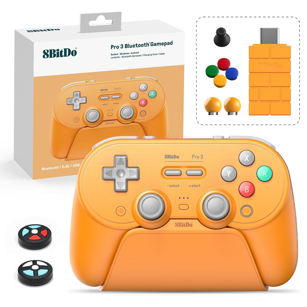 8Bitdo Pro 3 Bluetooth Controller with TMR Joysticks, Swappable ABXY Buttons, Pro Back Buttons, Charging Dock, Hall Effect Triggers for Switch/Switch 2, Windows, Apple, SteamOS, Android (Orange)