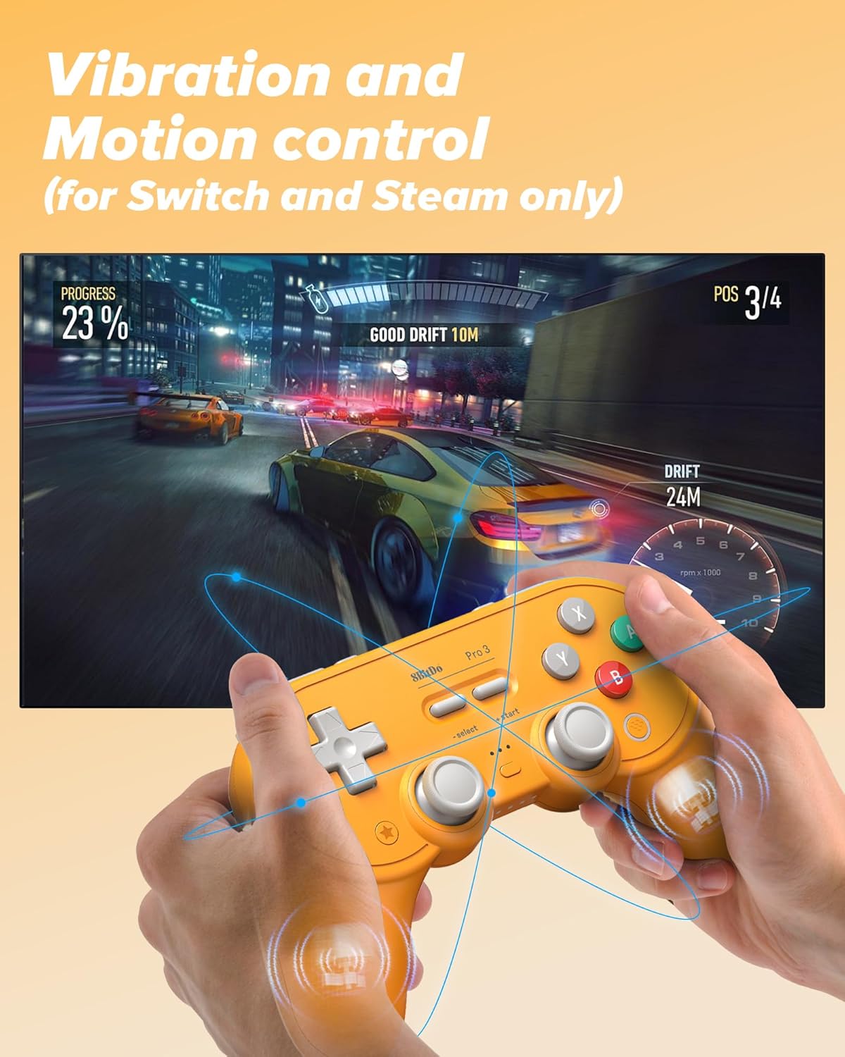 8Bitdo Pro 3 Bluetooth Controller with TMR Joysticks, Swappable ABXY Buttons, Pro Back Buttons, Charging Dock, Hall Effect Triggers for Switch/Switch 2, Windows, Apple, SteamOS, Android (Orange)