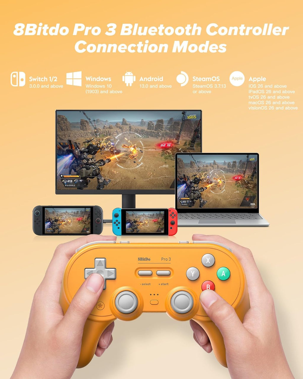 8Bitdo Pro 3 Bluetooth Controller with TMR Joysticks, Swappable ABXY Buttons, Pro Back Buttons, Charging Dock, Hall Effect Triggers for Switch/Switch 2, Windows, Apple, SteamOS, Android (Orange)