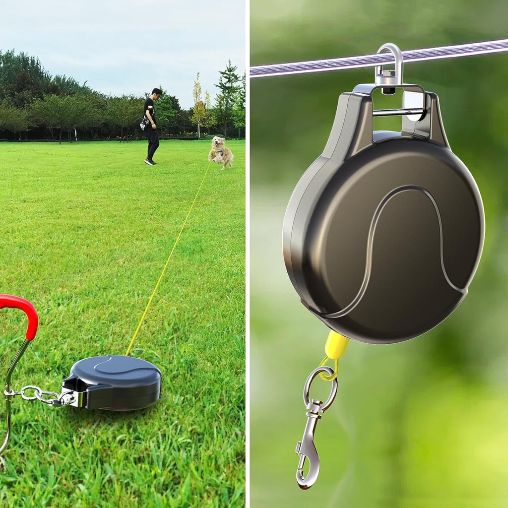 30ft Dog Tie Out Cable and Retractable Dog Leash, 2-in-1 Lead for Zipline, Aerial Run Cable Trolley Or Anchor, No Tangle Retractable Tie Out Reel for Camping Or Yard