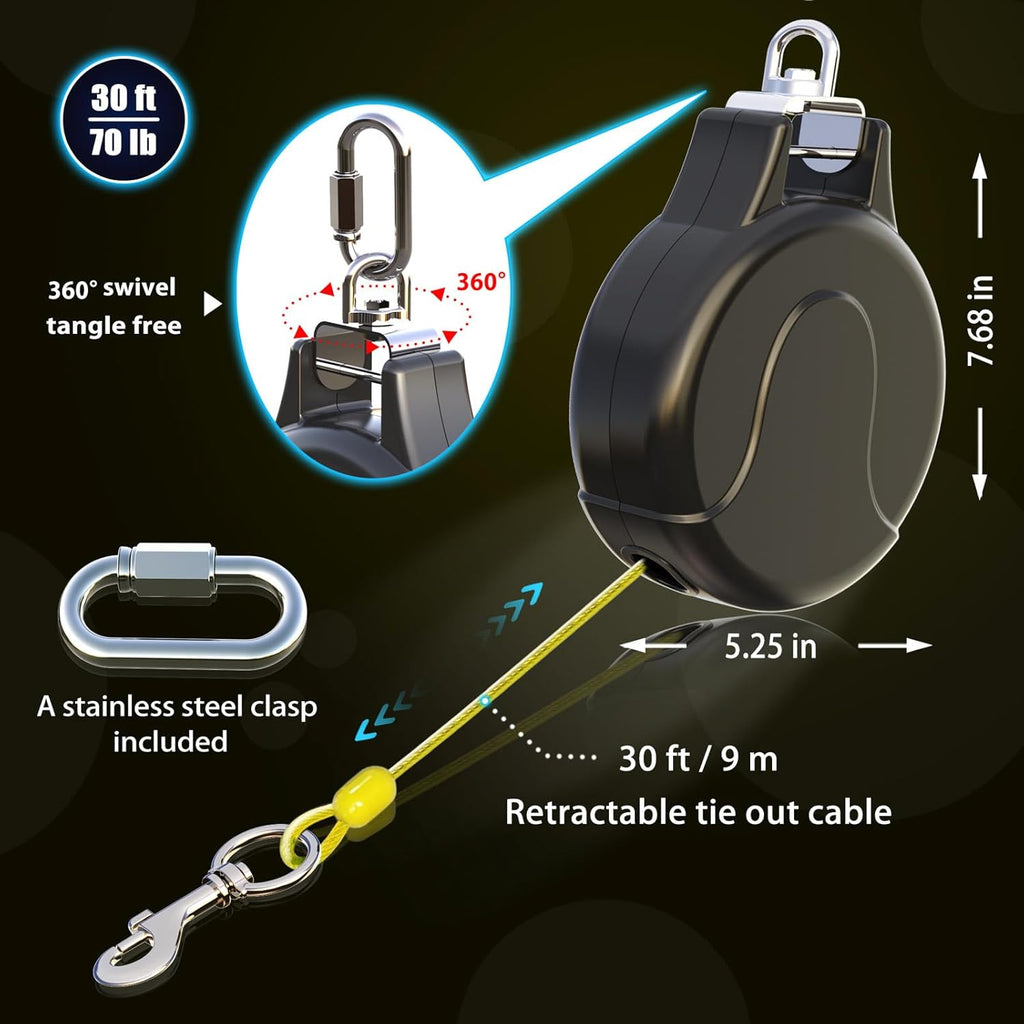 30ft Dog Tie Out Cable and Retractable Dog Leash, 2-in-1 Lead for Zipline, Aerial Run Cable Trolley Or Anchor, No Tangle Retractable Tie Out Reel for Camping Or Yard