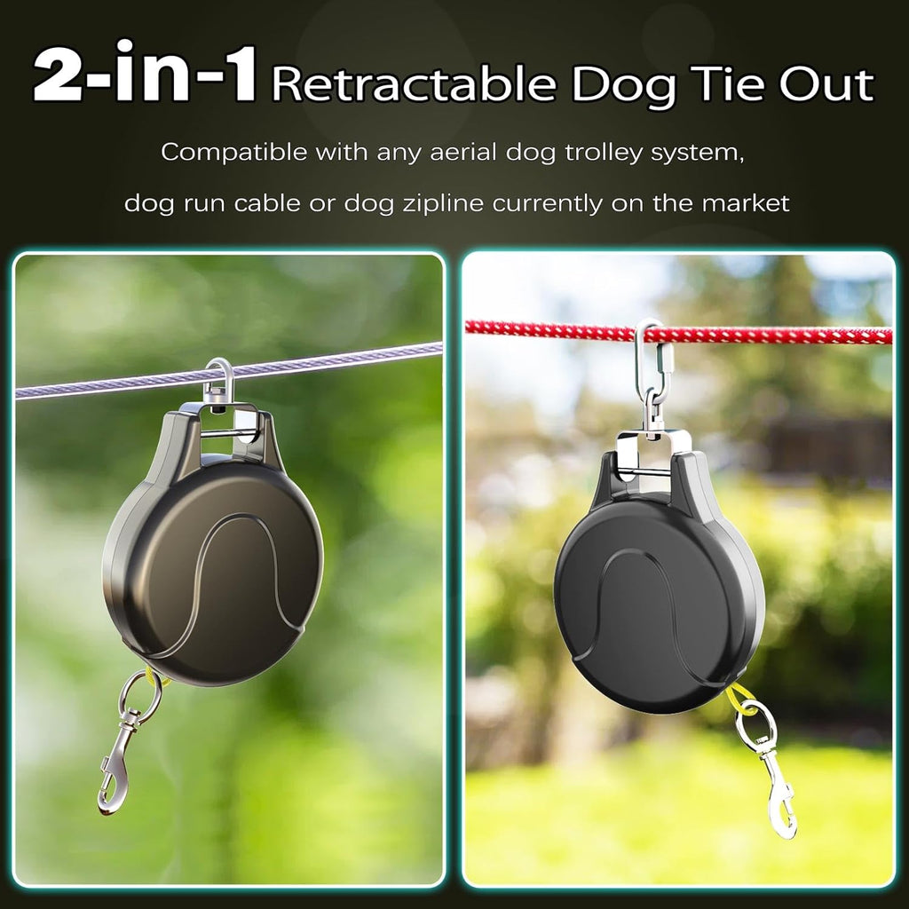 30ft Dog Tie Out Cable and Retractable Dog Leash, 2-in-1 Lead for Zipline, Aerial Run Cable Trolley Or Anchor, No Tangle Retractable Tie Out Reel for Camping Or Yard