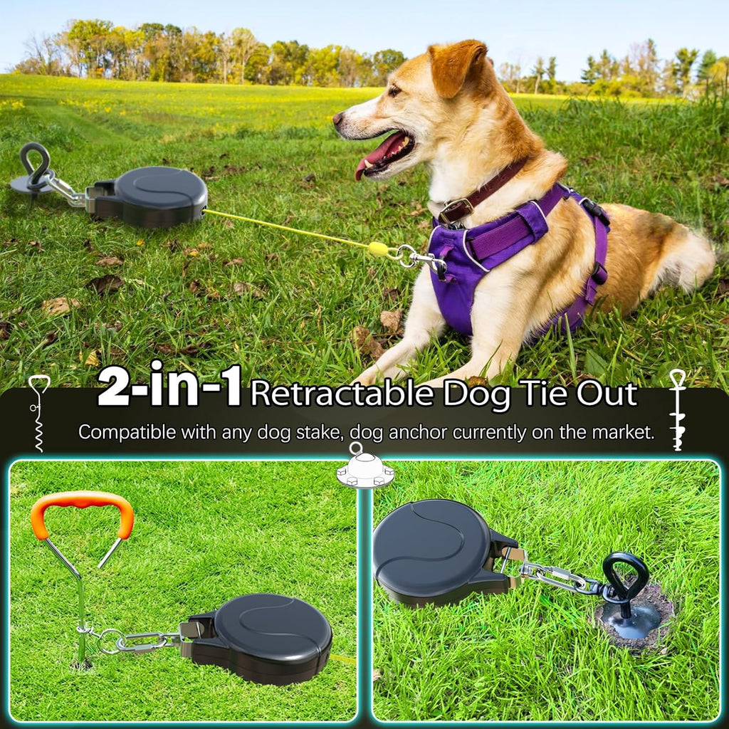 30ft Dog Tie Out Cable and Retractable Dog Leash, 2-in-1 Lead for Zipline, Aerial Run Cable Trolley Or Anchor, No Tangle Retractable Tie Out Reel for Camping Or Yard