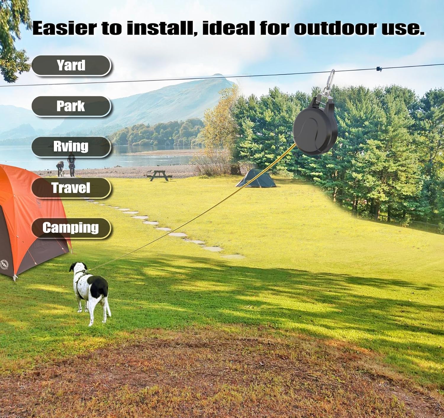 30ft Dog Tie Out Cable and Retractable Dog Leash, 2-in-1 Lead for Zipline, Aerial Run Cable Trolley Or Anchor, No Tangle Retractable Tie Out Reel for Camping Or Yard