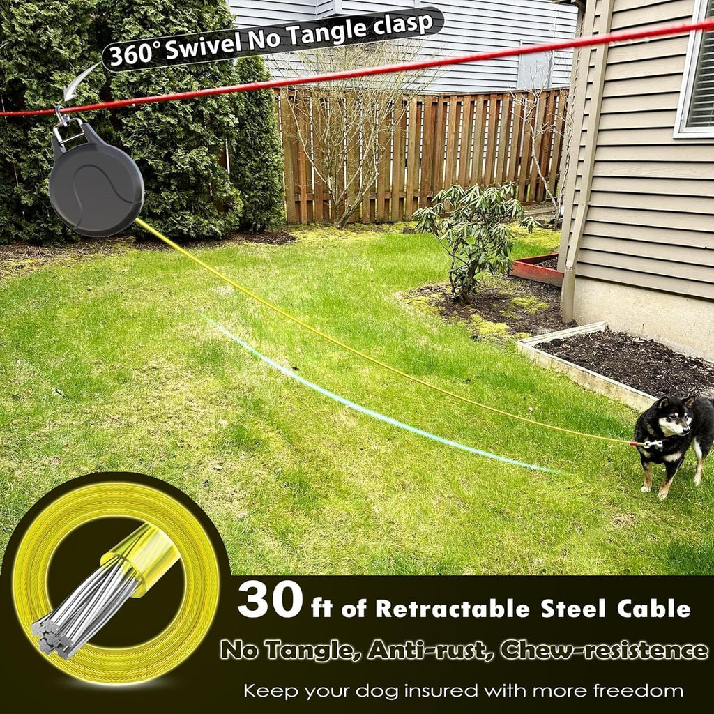 30ft Dog Tie Out Cable and Retractable Dog Leash, 2-in-1 Lead for Zipline, Aerial Run Cable Trolley Or Anchor, No Tangle Retractable Tie Out Reel for Camping Or Yard