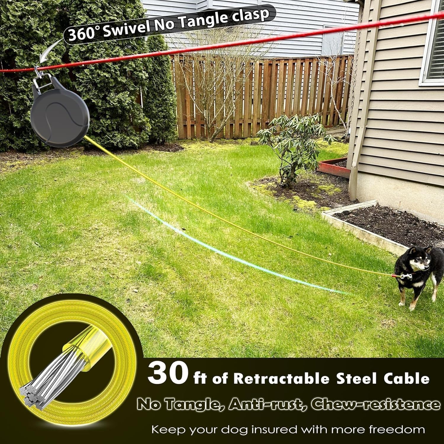 30ft Dog Tie Out Cable and Retractable Dog Leash, 2-in-1 Lead for Zipline, Aerial Run Cable Trolley Or Anchor, No Tangle Retractable Tie Out Reel for Camping Or Yard