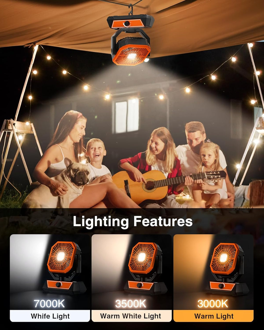 ZIQENLK Camping Fan Rechargeable, 20000mAh Battery Powered Portable Fan with LED Light & Hook,Outdoor, Tent, Travel, Fishing, Jobsite, Gifts for Men Dad Him