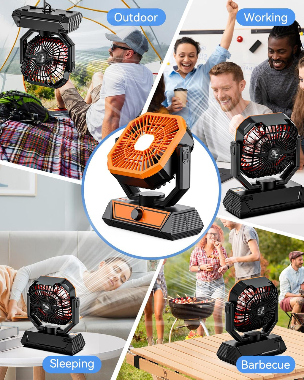 ZIQENLK Camping Fan Rechargeable, 20000mAh Battery Powered Portable Fan with LED Light & Hook,Outdoor, Tent, Travel, Fishing, Jobsite, Gifts for Men Dad Him