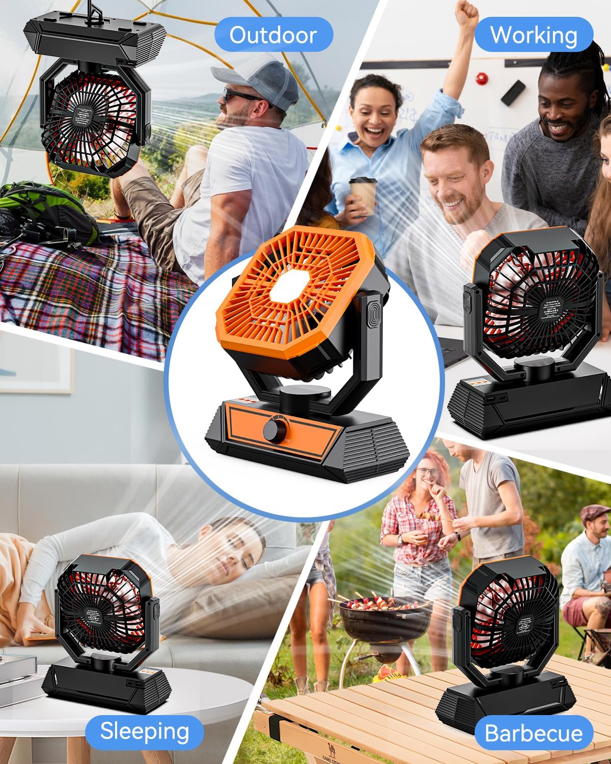 ZIQENLK Camping Fan Rechargeable, 20000mAh Battery Powered Portable Fan with LED Light & Hook,Outdoor, Tent, Travel, Fishing, Jobsite, Gifts for Men Dad Him