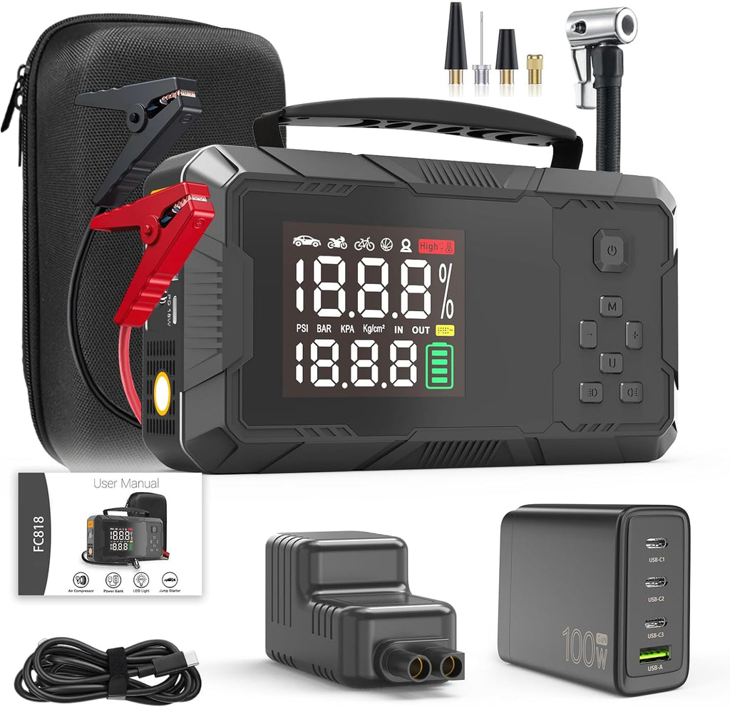 Jump Starter with Air Compressor, 3000A Portable Car Battery Jumper Starter with 100W Wall Charger, 16000mAh Power Bank PD 65W Fast Charging, 150PSI Tire Inflator (30L/min), 12V Jump Box
