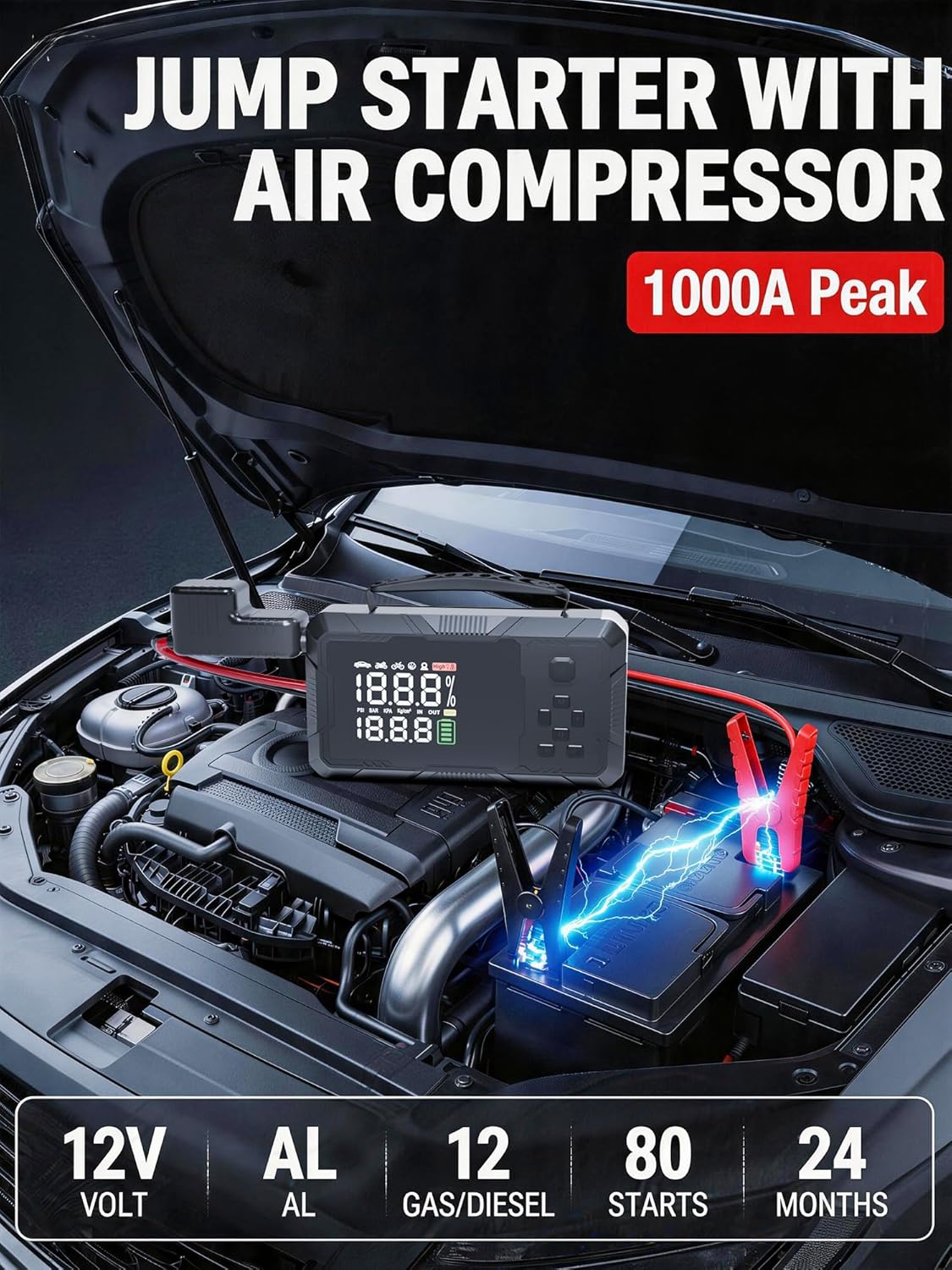 Jump Starter with Air Compressor, 3000A Portable Car Battery Jumper Starter with 100W Wall Charger, 16000mAh Power Bank PD 65W Fast Charging, 150PSI Tire Inflator (30L/min), 12V Jump Box