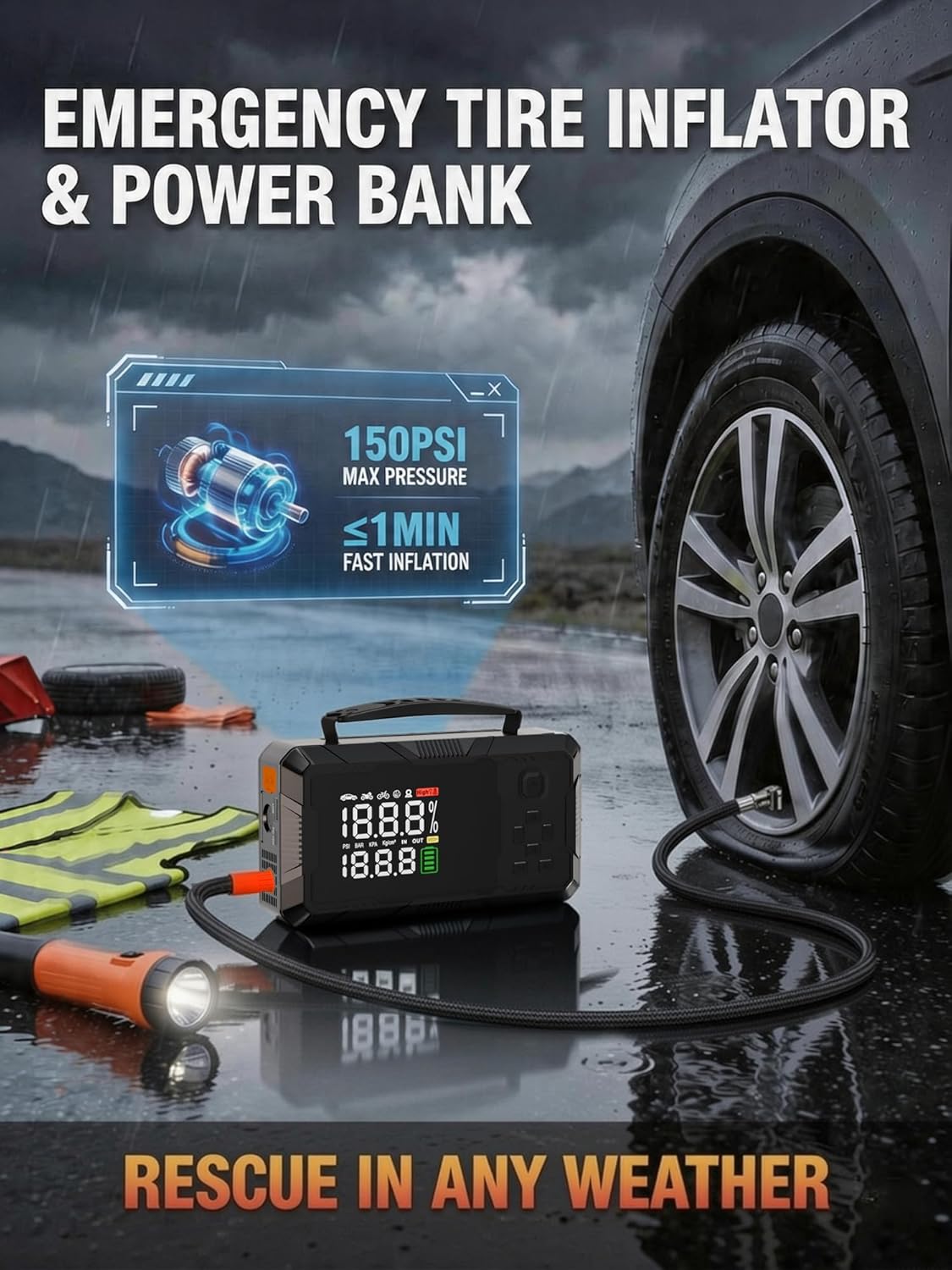 Jump Starter with Air Compressor, 3000A Portable Car Battery Jumper Starter with 100W Wall Charger, 16000mAh Power Bank PD 65W Fast Charging, 150PSI Tire Inflator (30L/min), 12V Jump Box