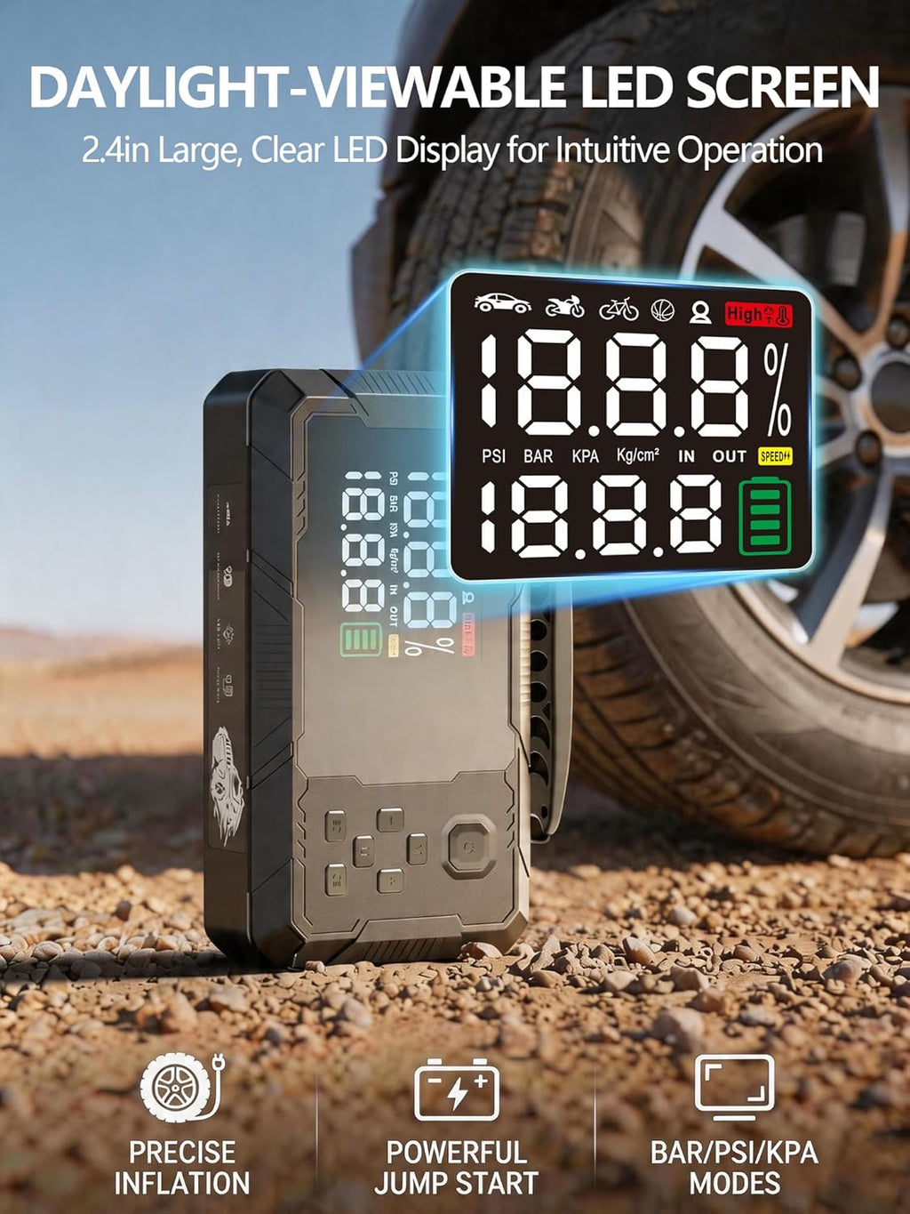 Jump Starter with Air Compressor, 3000A Portable Car Battery Jumper Starter with 100W Wall Charger, 16000mAh Power Bank PD 65W Fast Charging, 150PSI Tire Inflator (30L/min), 12V Jump Box
