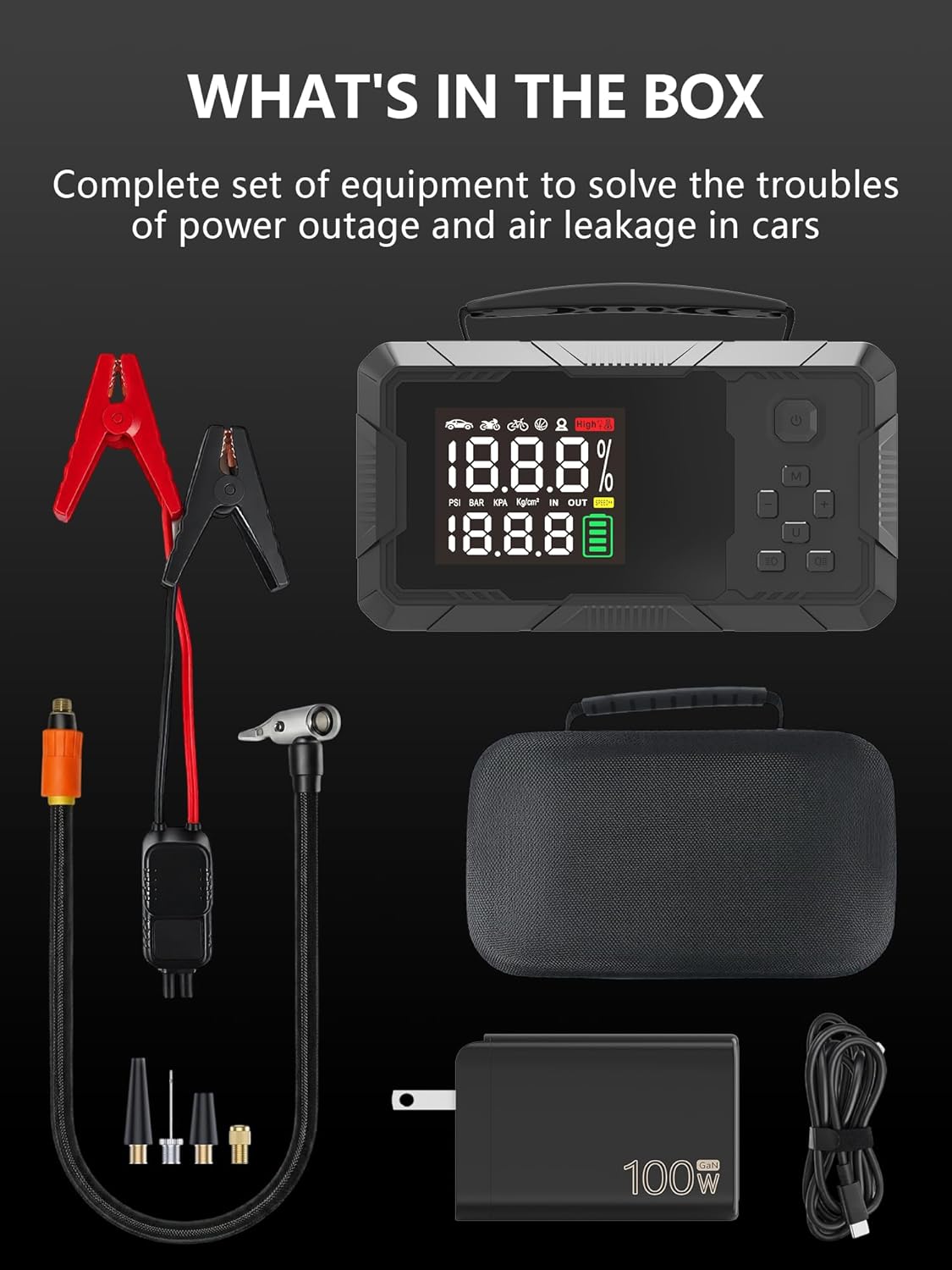 Jump Starter with Air Compressor, 3000A Portable Car Battery Jumper Starter with 100W Wall Charger, 16000mAh Power Bank PD 65W Fast Charging, 150PSI Tire Inflator (30L/min), 12V Jump Box