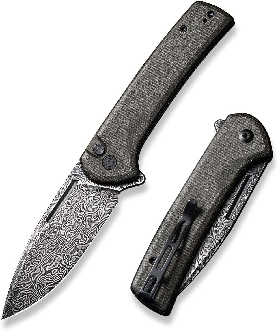 Navaja CIVIVI para EDC, cuchillo plegable con cierre de botón conspirador hoja Damasco de 3,48", mango Micarta verde oscuro C21006-DS1