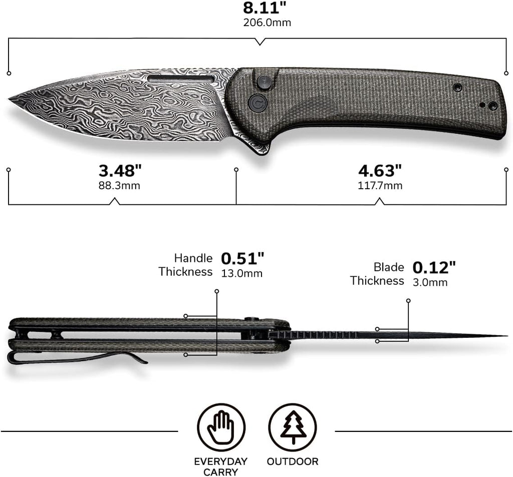 Navaja CIVIVI para EDC, cuchillo plegable con cierre de botón conspirador hoja Damasco de 3,48", mango Micarta verde oscuro C21006-DS1