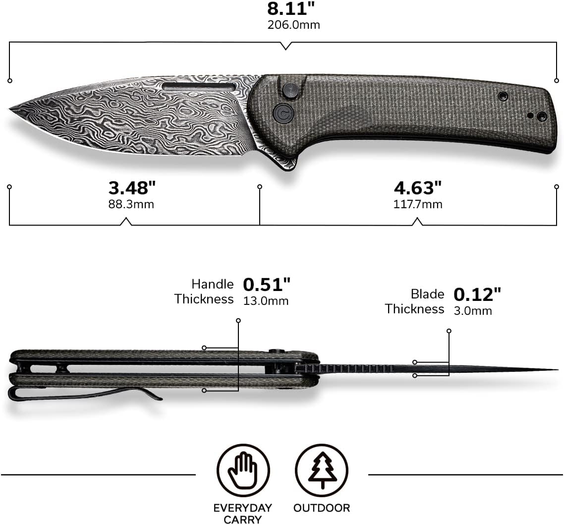 Navaja CIVIVI para EDC, cuchillo plegable con cierre de botón conspirador hoja Damasco de 3,48", mango Micarta verde oscuro C21006-DS1