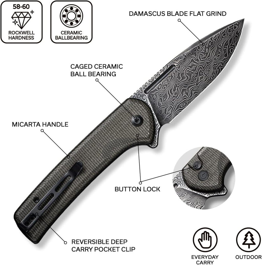 Navaja CIVIVI para EDC, cuchillo plegable con cierre de botón conspirador hoja Damasco de 3,48", mango Micarta verde oscuro C21006-DS1