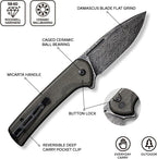 Navaja CIVIVI para EDC, cuchillo plegable con cierre de botón conspirador hoja Damasco de 3,48", mango Micarta verde oscuro C21006-DS1