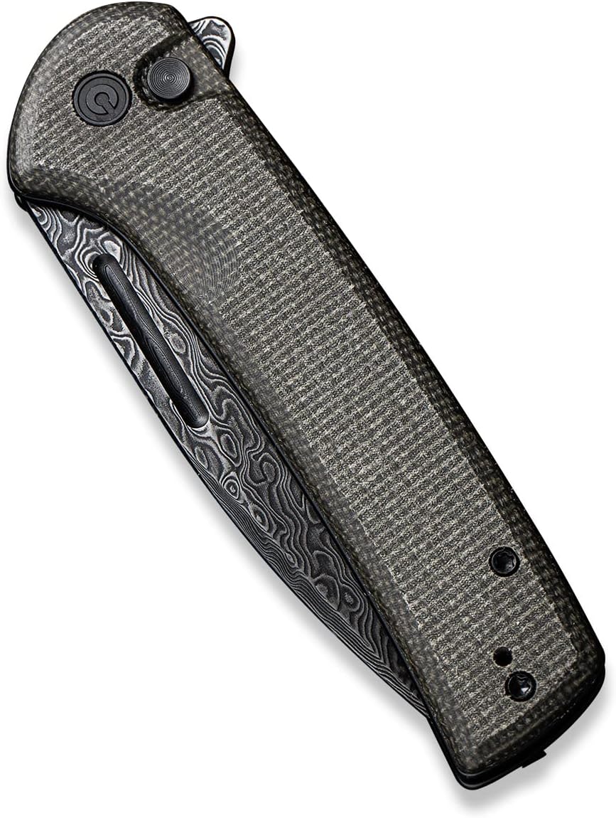 Navaja CIVIVI para EDC, cuchillo plegable con cierre de botón conspirador hoja Damasco de 3,48", mango Micarta verde oscuro C21006-DS1