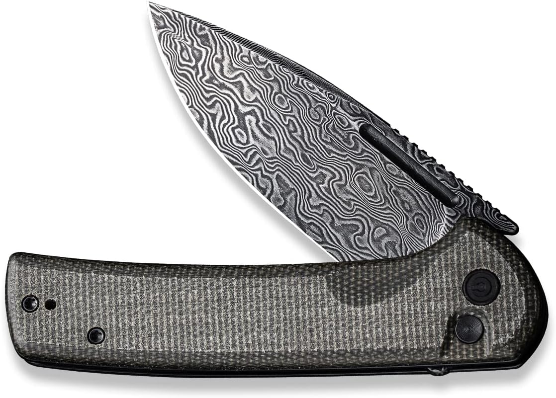 Navaja CIVIVI para EDC, cuchillo plegable con cierre de botón conspirador hoja Damasco de 3,48", mango Micarta verde oscuro C21006-DS1