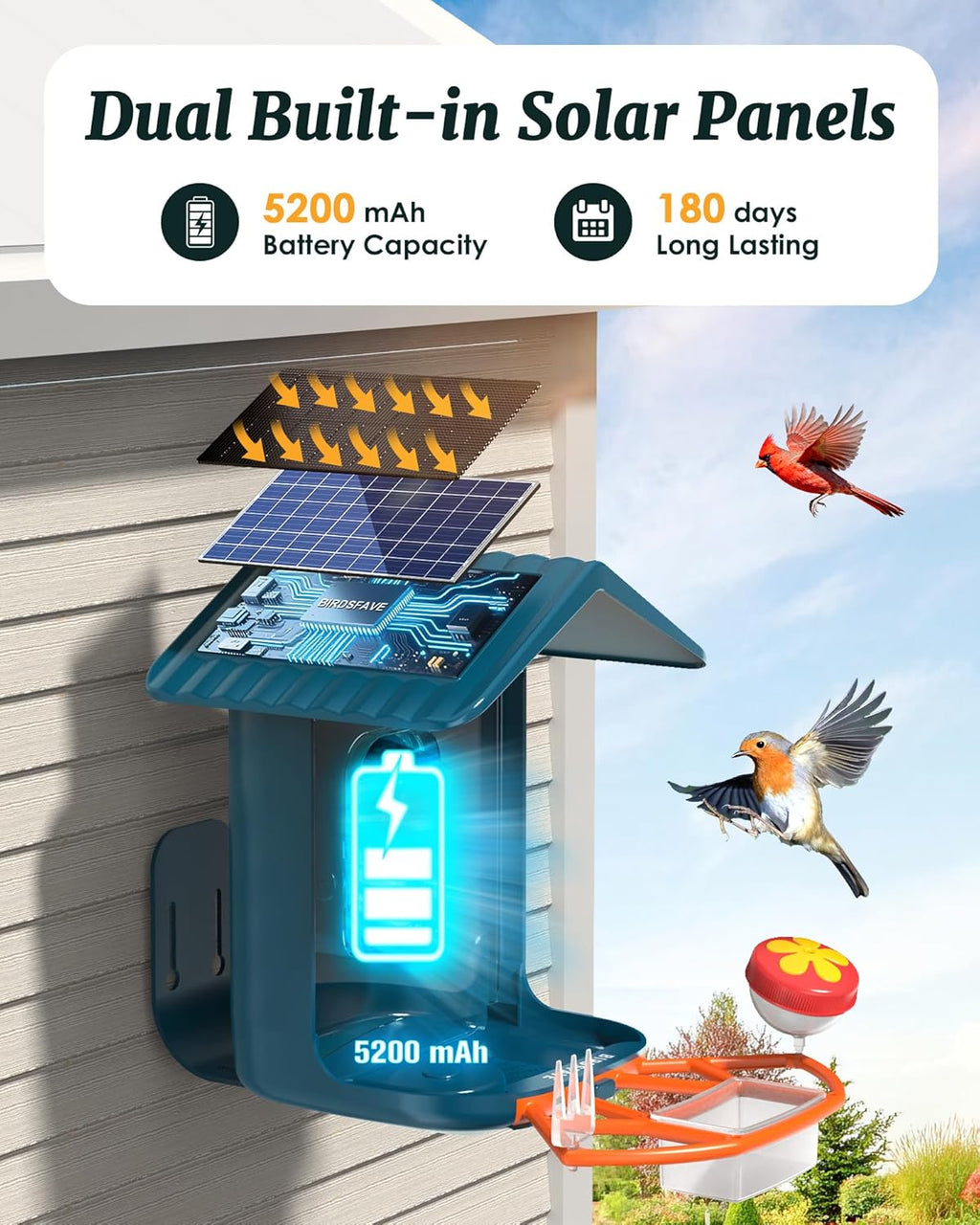 BIRDSFAVE Bird Feeder with Camera Solar Powered, 2K Live Arrival Alert Auto Capture Video with 32GB TF Card, AI Identify Smart Camera Bird Feeder Ourdoor...