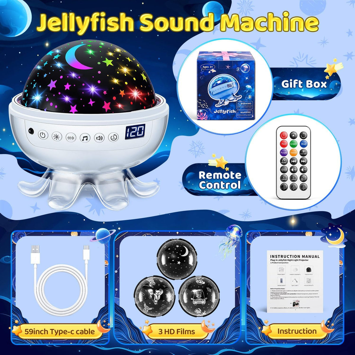 Baby Sound Machine Baby Kids Night Light Projector with Star, 30 Soothing Sounds White Noise Machine for Sleep, 31 Color | 4 Films Baby Sleep, Remote+Timer+3 Brightness Sensory Light for Autism Toys