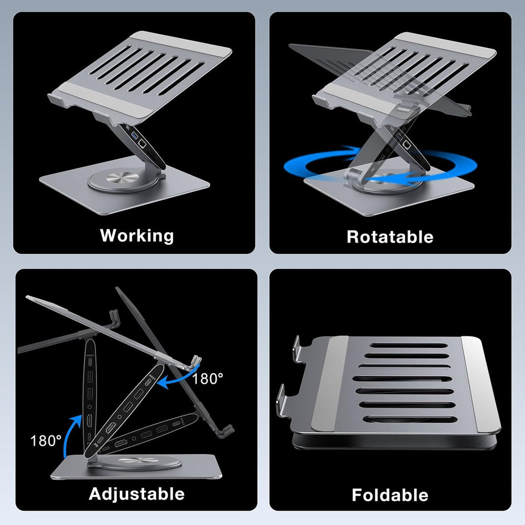 Adjustable Laptop Stand for Desk with Docking Station 11-in-1, Aluminum Laptop Riser with USB Hub 360°Swivel Dual Display 4K60Hz HDMI Gigabit Ethernet USB3.0 PD100W for MacBook Pro Air/Dell/HP 7-15.6"