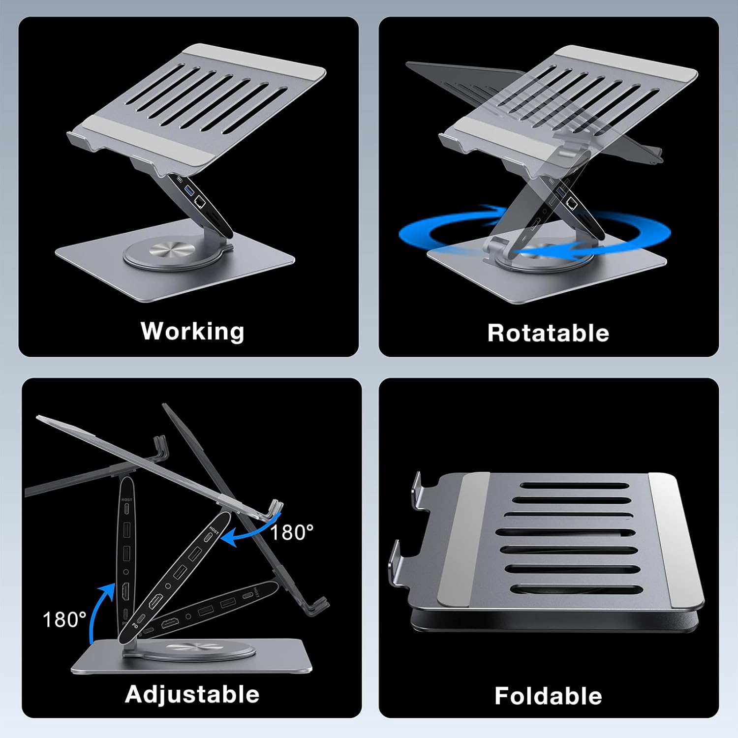 Adjustable Laptop Stand for Desk with Docking Station 11-in-1, Aluminum Laptop Riser with USB Hub 360°Swivel Dual Display 4K60Hz HDMI Gigabit Ethernet USB3.0 PD100W for MacBook Pro Air/Dell/HP 7-15.6"