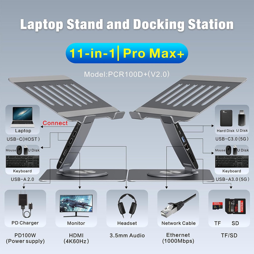 Adjustable Laptop Stand for Desk with Docking Station 11-in-1, Aluminum Laptop Riser with USB Hub 360°Swivel Dual Display 4K60Hz HDMI Gigabit Ethernet USB3.0 PD100W for MacBook Pro Air/Dell/HP 7-15.6"