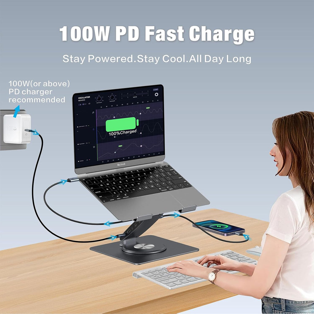 Adjustable Laptop Stand for Desk with Docking Station 11-in-1, Aluminum Laptop Riser with USB Hub 360°Swivel Dual Display 4K60Hz HDMI Gigabit Ethernet USB3.0 PD100W for MacBook Pro Air/Dell/HP 7-15.6"