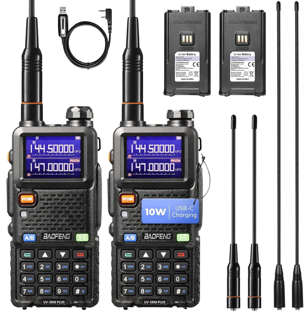 BAOFENG UV-5RM Plus 10W Dual Band Ham Radio Handheld, NOAA FM Airband Receiver, Long Range Two Way Radio with 8" & 15" ANT, Programming Cable,...