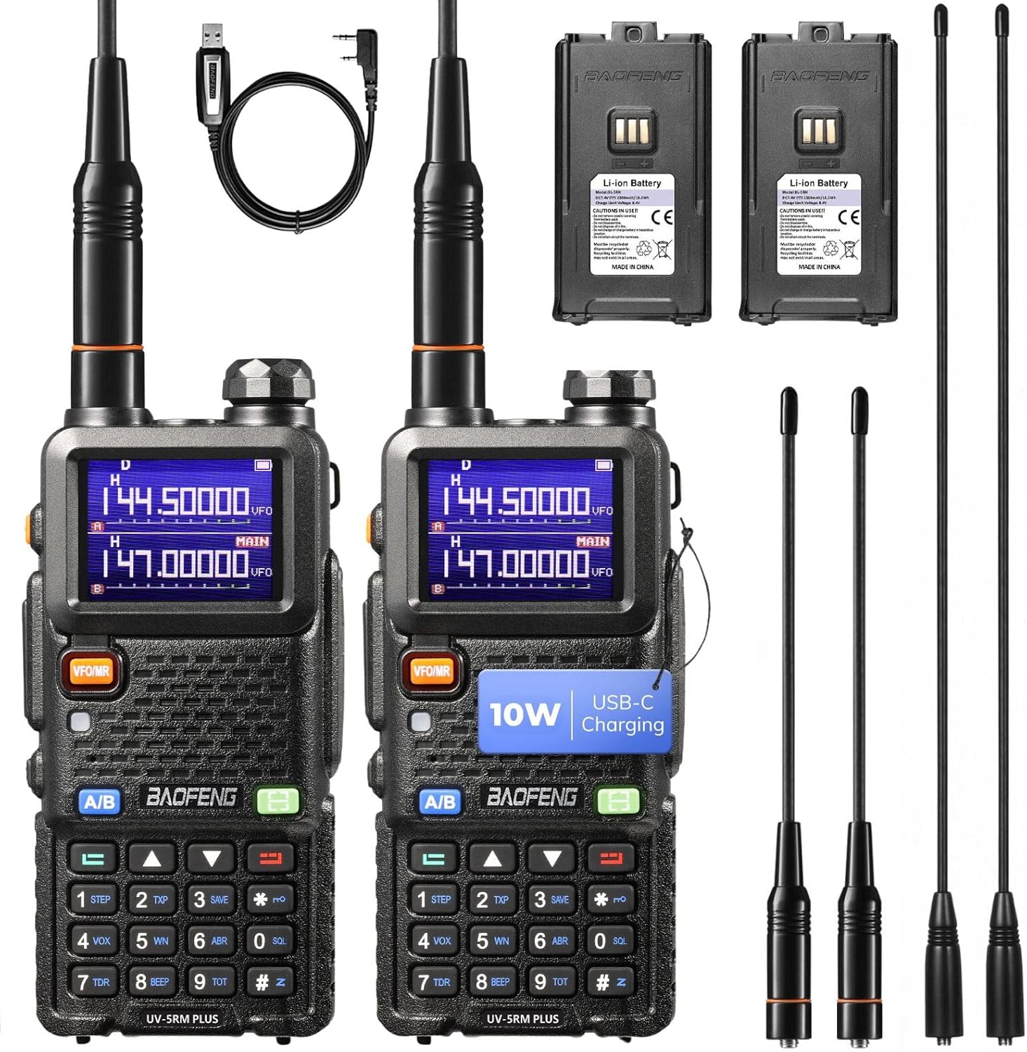 BAOFENG UV-5RM Plus 10W Dual Band Ham Radio Handheld, NOAA FM Airband Receiver, Long Range Two Way Radio with 8" & 15" ANT, Programming Cable,...