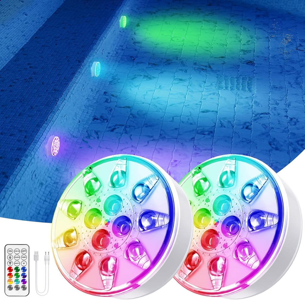 Luces de piscina: 2 packs, luces LED sumergibles recargables con mando a distancia, luz impermeable IP68 para decoración de piscinas subacuáticas para piscinas enterradas, piscinas elevadas, fiestas, jacuzzis, bases de jarrones