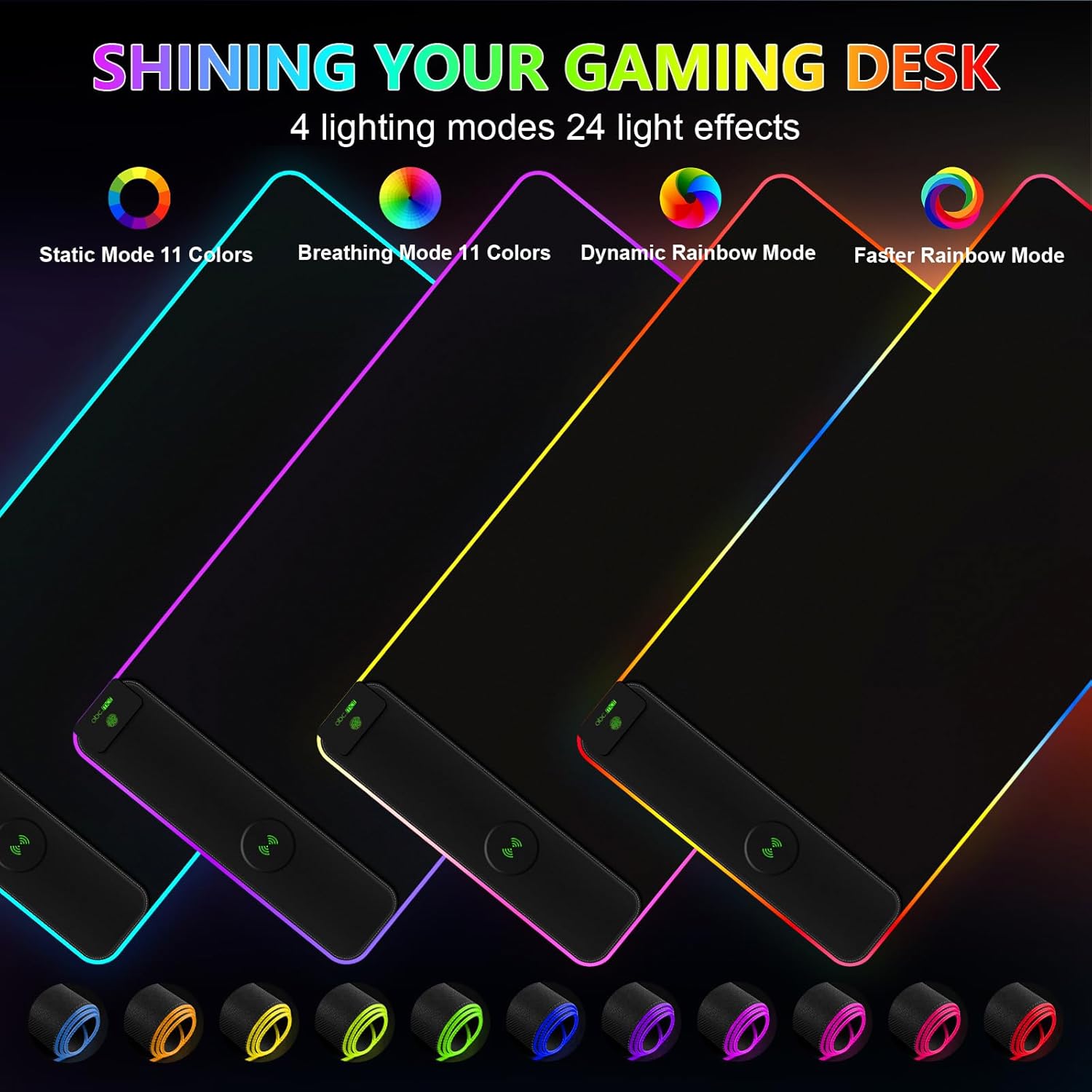 Magnetic Wireless Charging RGB Mouse Pad, 31.5'' x 15.8'' Large LED Gaming Desk Mat, 24 Light Effects, Non-Slip Rubber Base, Waterproof Ultra-Smooth Surface