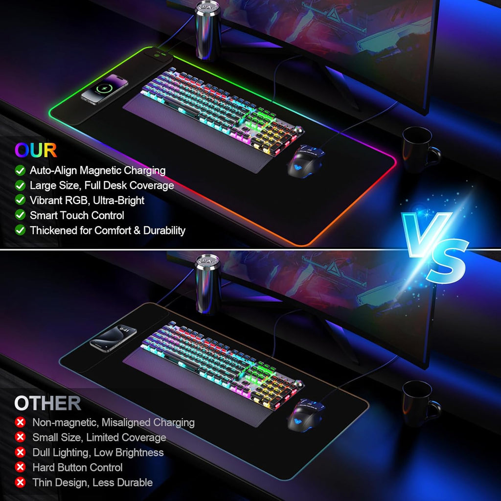 Magnetic Wireless Charging RGB Mouse Pad, 31.5'' x 15.8'' Large LED Gaming Desk Mat, 24 Light Effects, Non-Slip Rubber Base, Waterproof Ultra-Smooth Surface