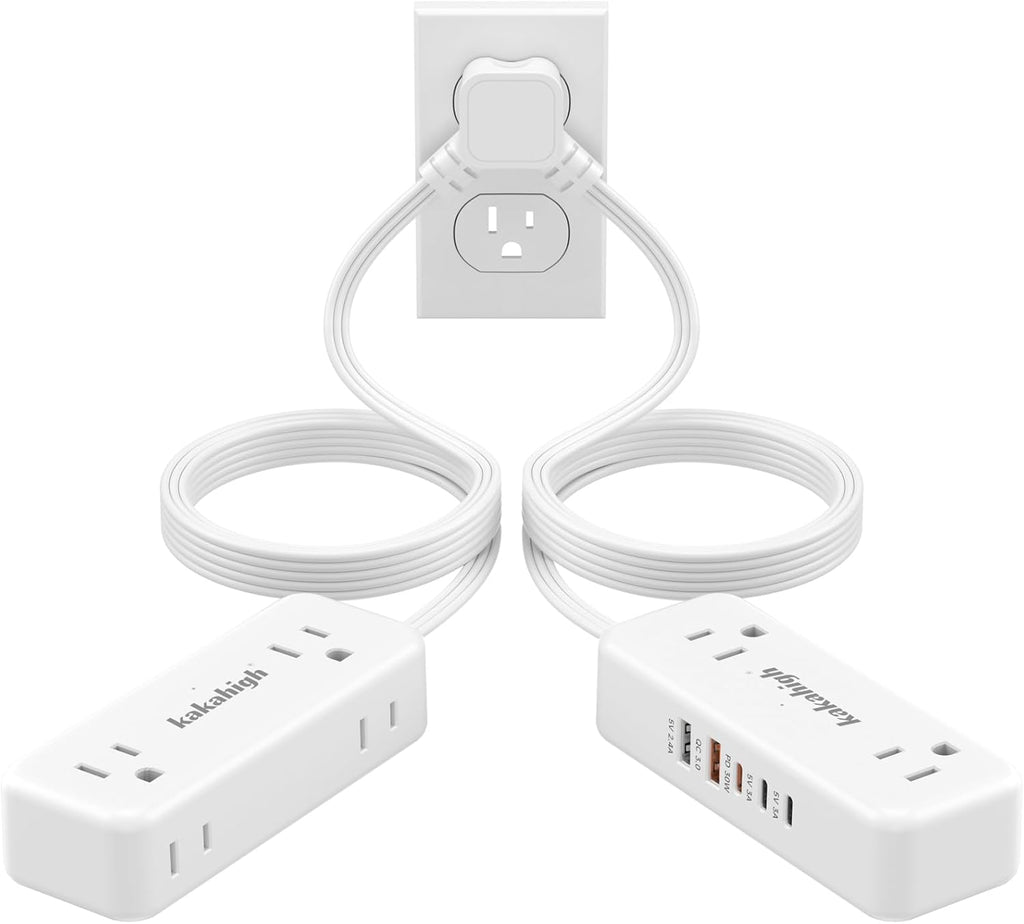 PD30W Split Extension Cord 10FT (5FT on Each Side), Single Flat Plug Twin Extension Cord with 4 AC Outlets, 2 USB-A & 3 USB-C, Nightstand Charging Station for Bedroom, His and Hers