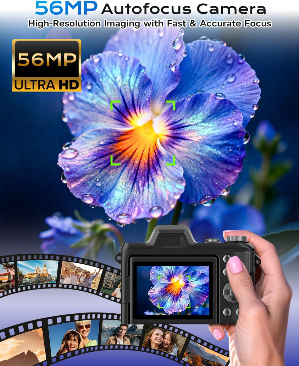 4K Digital Camera for Photography, Autofocus 56MP Vlogging Camera for YouTube/Content Creators/Travel, 16X Zoom Video Camera with 3" 180°Flip Screen & Lens Hood, Gift Ideas for Teens & Beginners