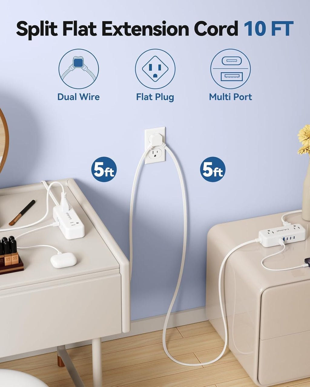PD30W Split Extension Cord 10FT (5FT on Each Side), Single Flat Plug Twin Extension Cord with 4 AC Outlets, 2 USB-A & 3 USB-C, Nightstand Charging Station for Bedroom, His and Hers