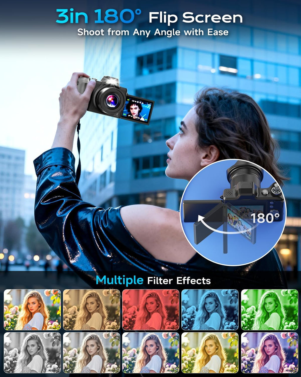 4K Digital Camera for Photography, Autofocus 56MP Vlogging Camera for YouTube/Content Creators/Travel, 16X Zoom Video Camera with 3" 180°Flip Screen & Lens Hood, Gift Ideas for Teens & Beginners