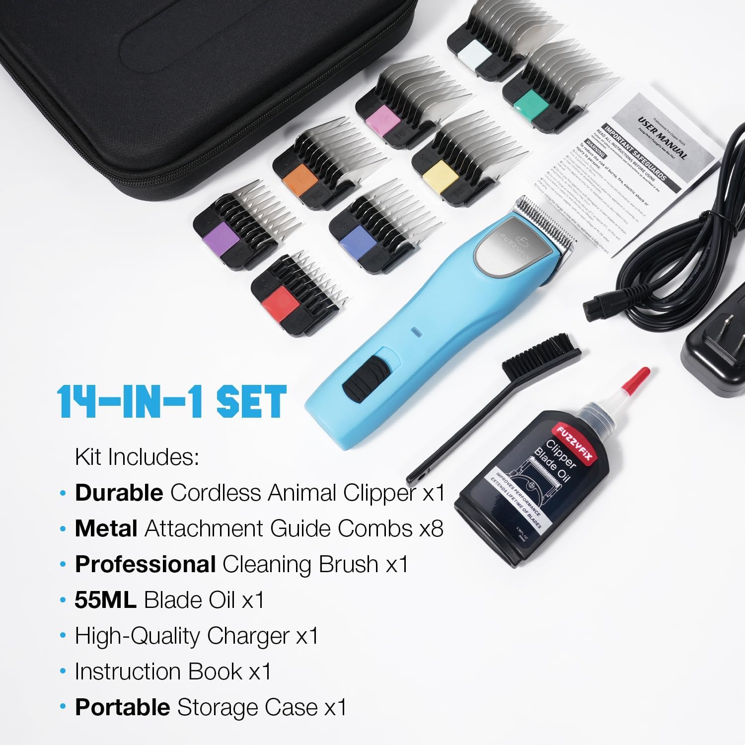 FuzzyFix Professional Dog Clippers for Grooming - 2 Speed for Thick Curly Matted Coats, Low Noise Cordless Pet Hair Trimmer with Detachable A5 Blade &...