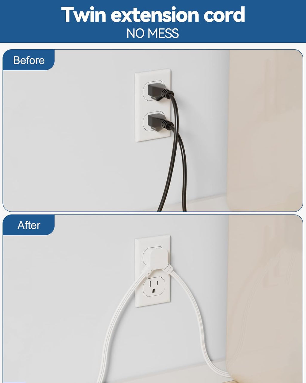 PD30W Split Extension Cord 10FT (5FT on Each Side), Single Flat Plug Twin Extension Cord with 4 AC Outlets, 2 USB-A & 3 USB-C, Nightstand Charging Station for Bedroom, His and Hers