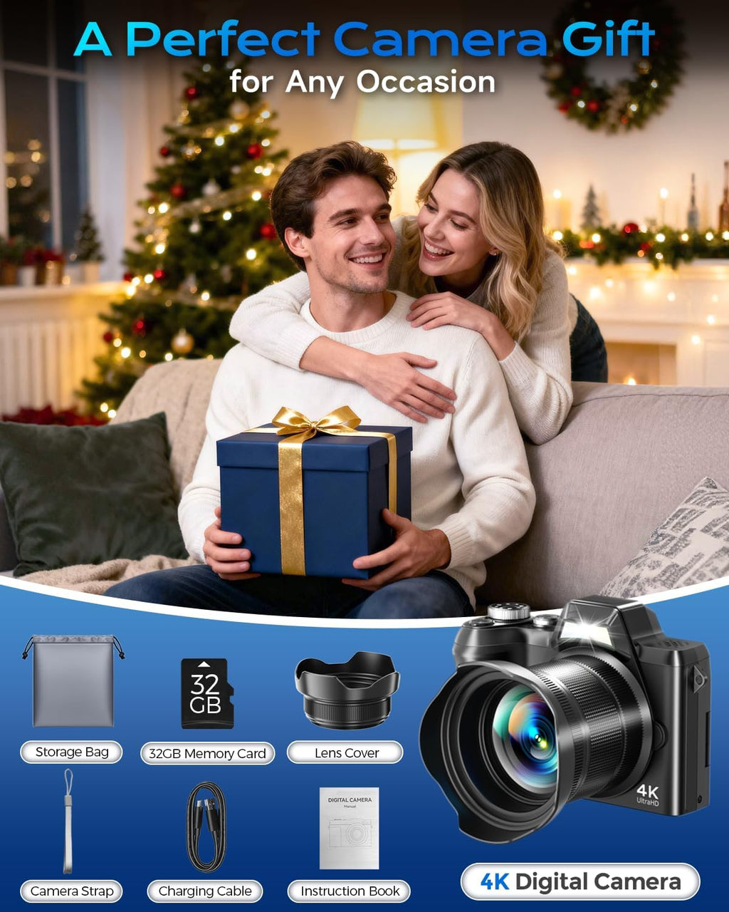 4K Digital Camera for Photography, Autofocus 56MP Vlogging Camera for YouTube/Content Creators/Travel, 16X Zoom Video Camera with 3" 180°Flip Screen & Lens Hood, Gift Ideas for Teens & Beginners