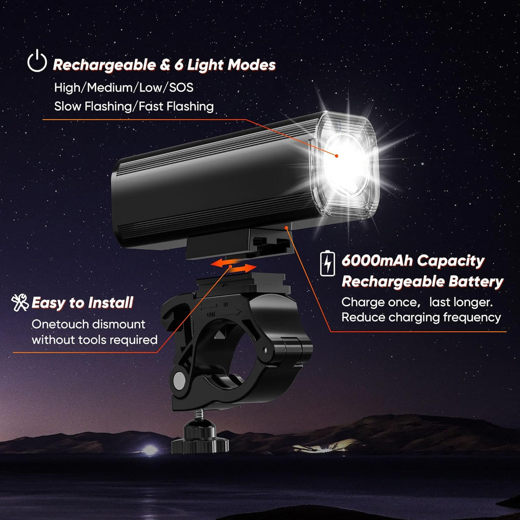 2025 New Bike Lights for Night Riding, Aluminum 1200 Lumens Rechargeable Super Bright Bicycle Headlight and Back Taillight, Waterproof LED Display 6+4 Modes Bicycle Lights Sets