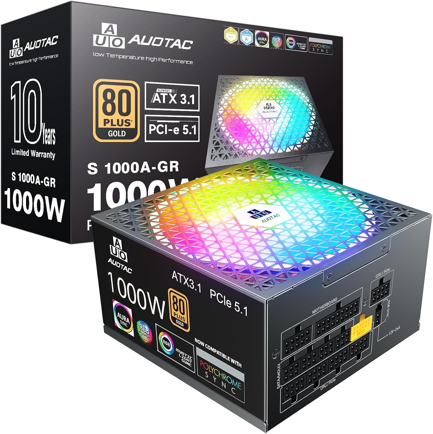 Auotac 1000W Fully Modular Power Supply, 80+ Gold PSU, ATX 3.1 & PCIe 5.1 Ready, Native Dual-Color 12V-2x6 Cable, RGB Low-Noise Smart Fan, 105°C-Rated...