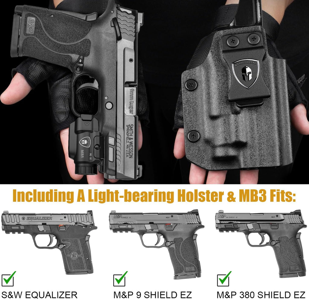 WARRIORLAND MB3 Pistol Light and Custom Kydex Holster, Fits S&W M&P Shield EZ (9mm /380 AUTO) & Equalizer, Compact 500-Lumens Tactical Weapon...